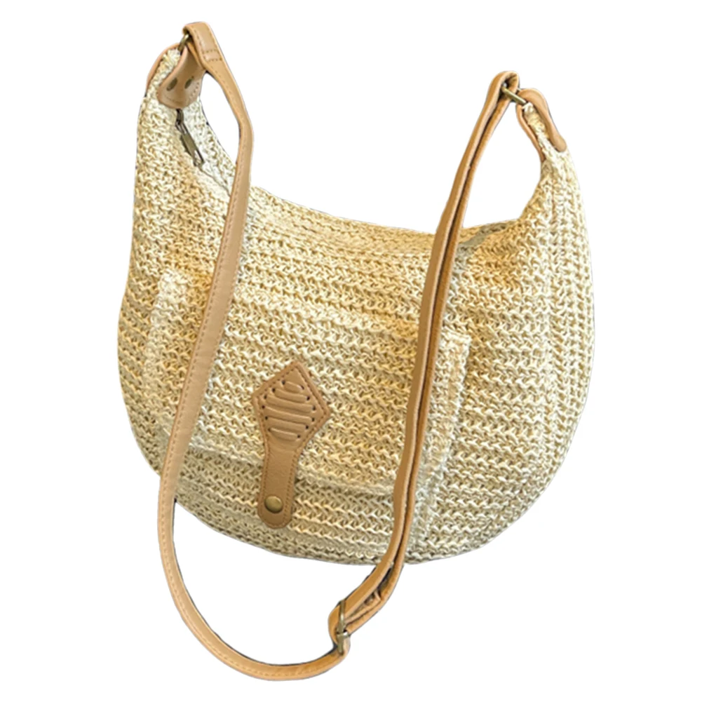 Straw Woven Shoulder Bag for Women Adjustable Shoulder Strap Summer Beach Purse Zipper Hobo Bag for Vacation Travel Shopping