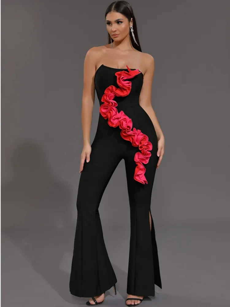 2024 Luxury Women Summer Sexy Strapless Ruffles Patchwork Black Bodycon Bandage Jumpsuit Celebrity Designer High Street Rompers