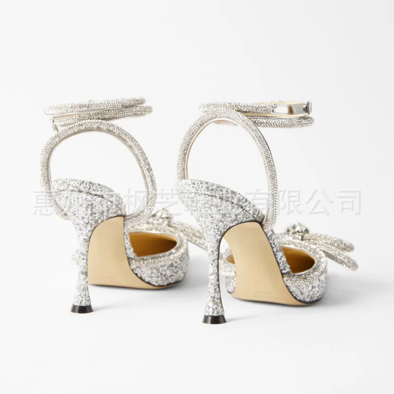 Women Pumps Office Career Summer Sequined Cloth 8CM Thin High Heels Pointed Toe Buckle Strap Butterfly-knot Solid Woman Shoes