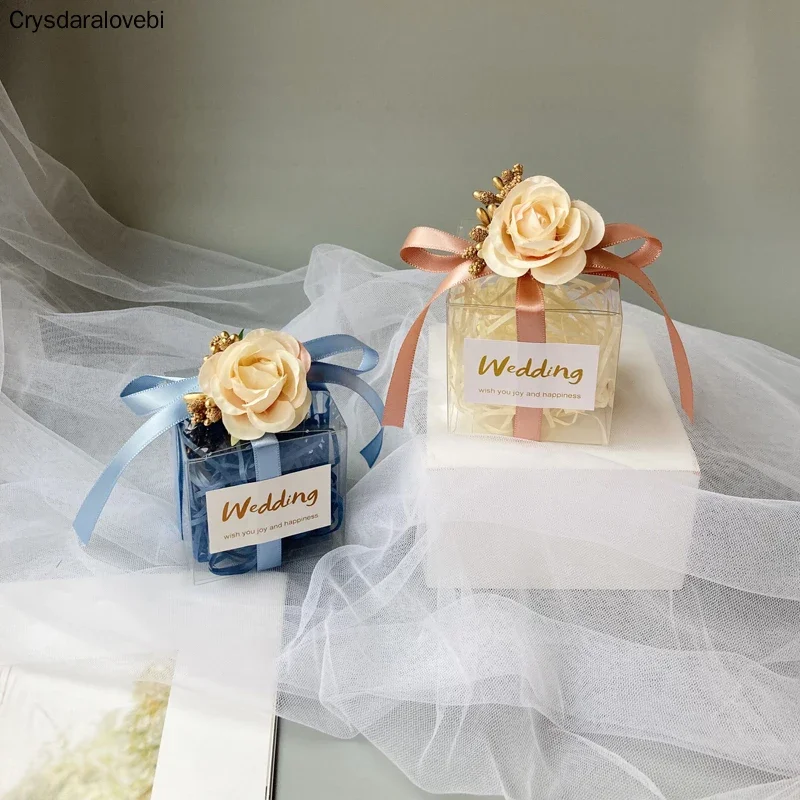 

25pcs PVC Clear Flower Candy Boxes Wedding Decorations Party Supplies Gift Box Baby Shower Favors Candy Box with Ribbon Rose