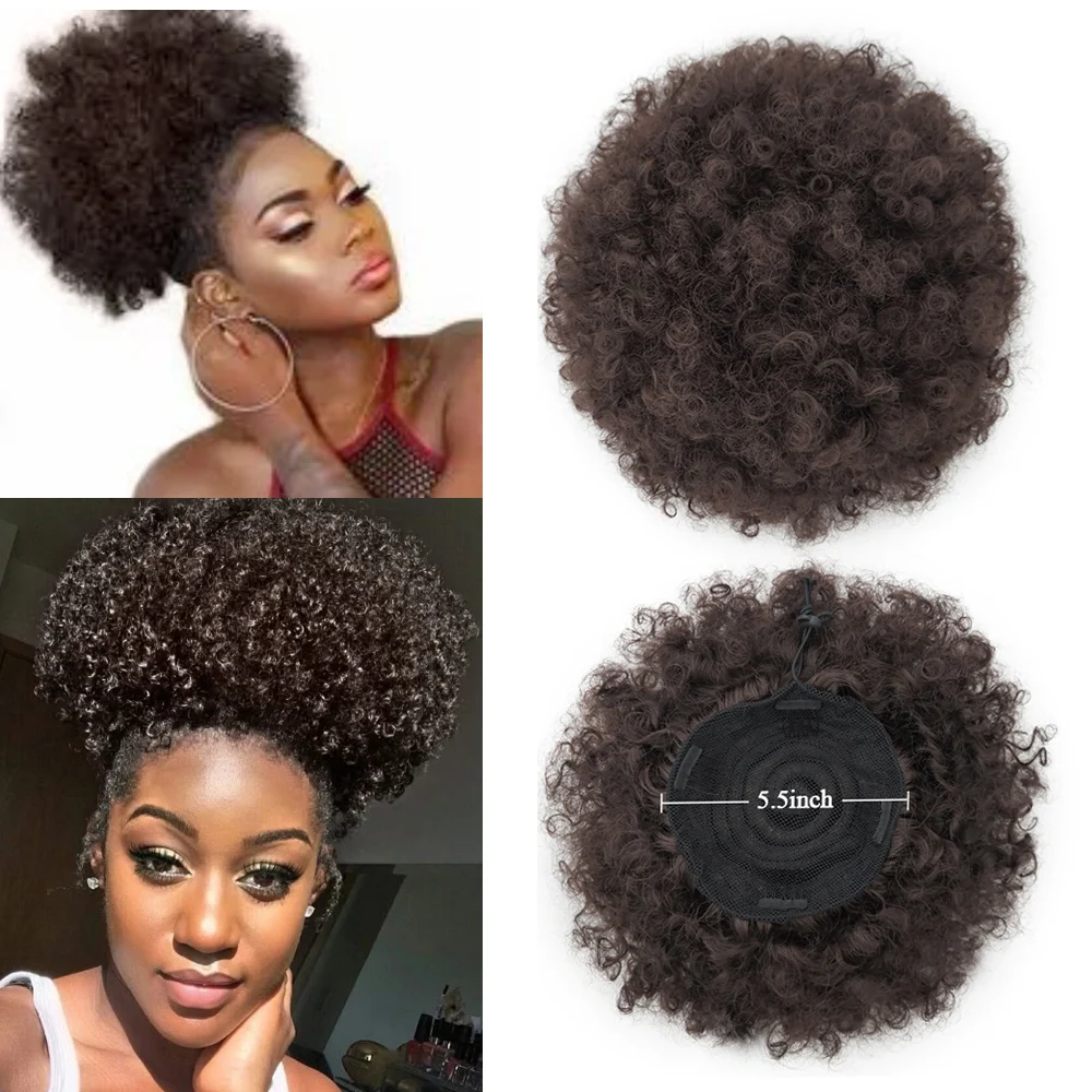 

Short Afro Puff Synthetic Hair Bun Chignon Hairpiece For Black Women Drawstring Ponytail Kinky Curly Updo Clip Hair Extensions