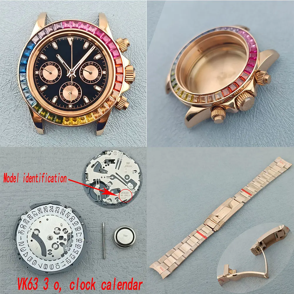 

39.5mm VK63 Rose Gold Ring watch case fits VK63 Movement 316L stainless steel sapphire glass 10bar waterproof Panda watch dial