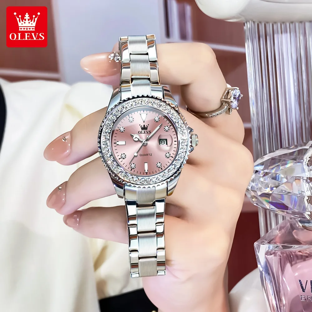OLEVS 9945 Womens Watch Top Brand Original Quartz Watch Luxury Bezel Diamond Wristwatch Waterproof Enlarge Date Gift Reloj Mujer