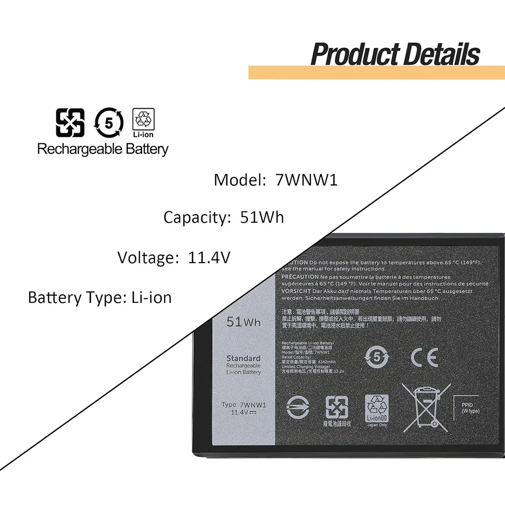 7WNW1 Laptop Battery for Dell Latitude 5424 5420 Rugged Latitude 7424 Rugged Extreme P137G P85G P86G P137G001 P137G002 P85G001