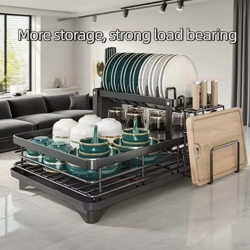 Kitchen Storage Rack Double Layer Reinforced Chassis with Drainage Modern Tableware Organizer for Kitchen Countertop and Drying