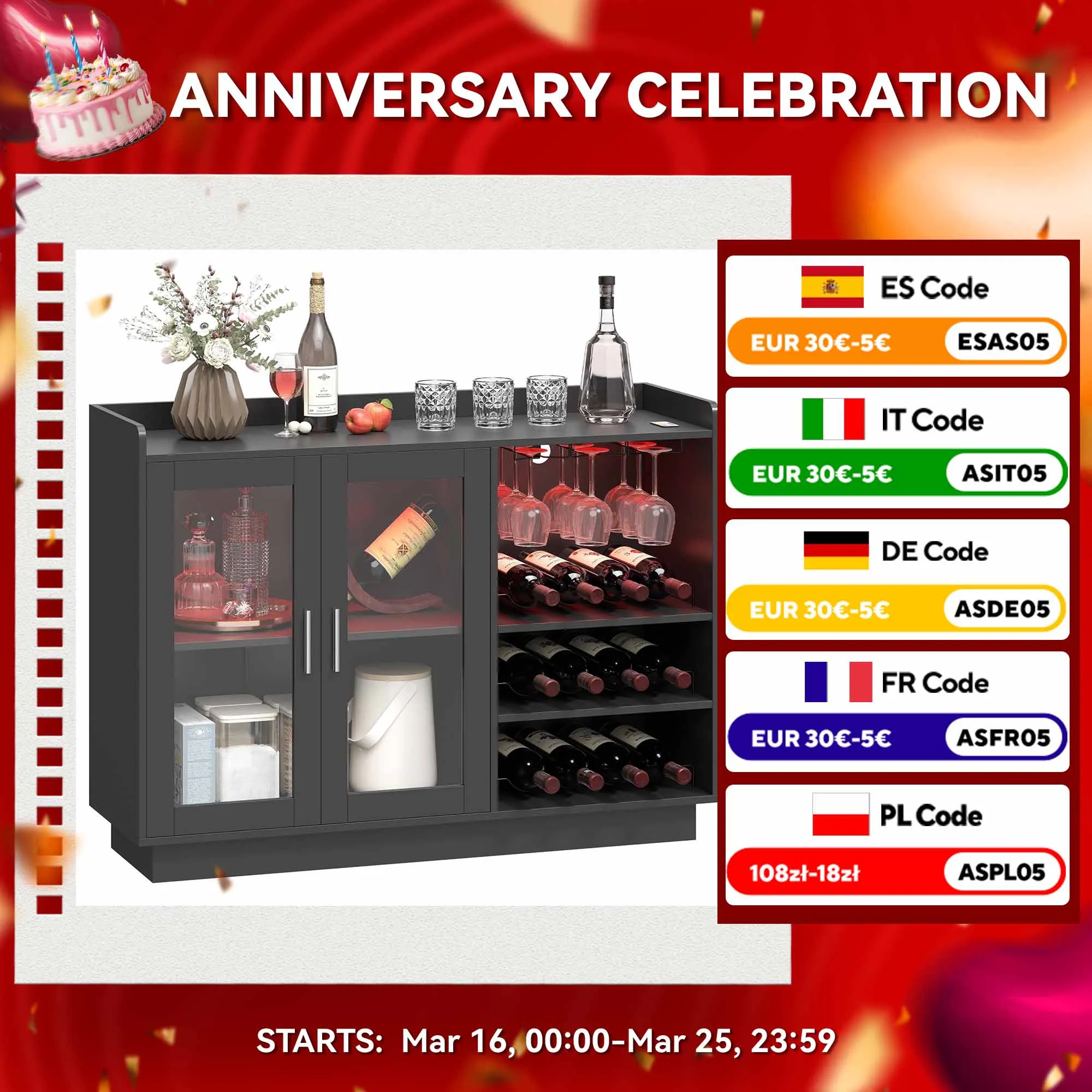 HOMCOM Mueble de Bar con Luces LED RGB y Botellero para 12 Botellas Armario Buffet para Vinos para Comedor Salón Negro