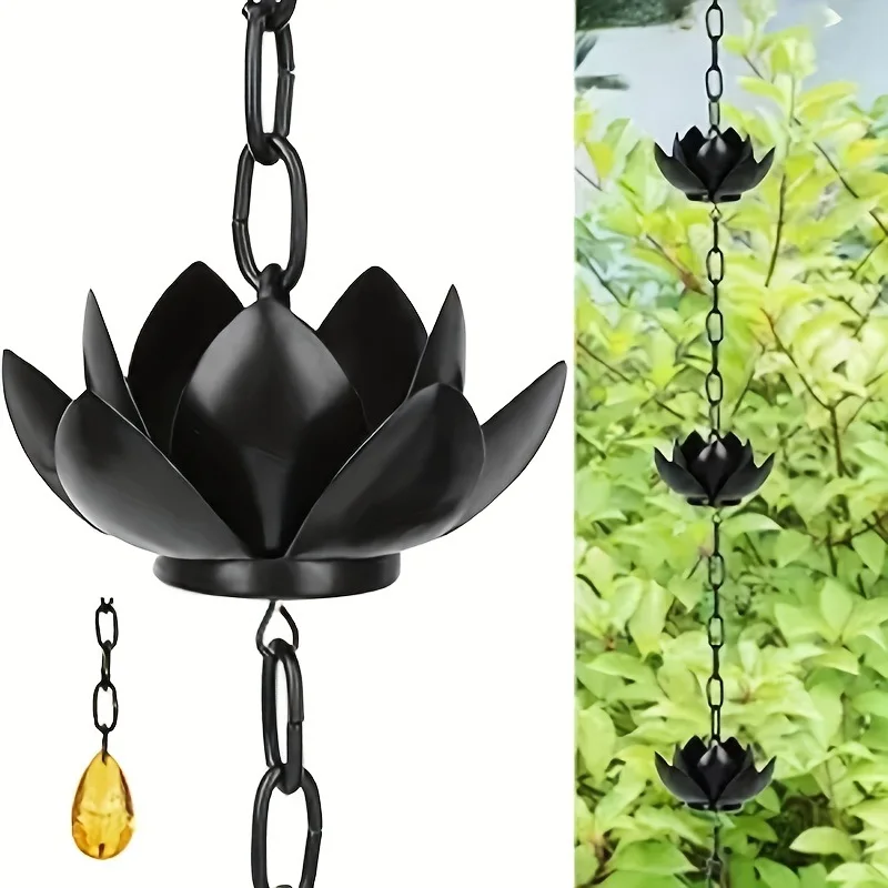 Oak Leaf Rain Chain with Adapter, Adjustable Lotus Rain Catcher for Gutters, Decorative Downspout Replacement, Black