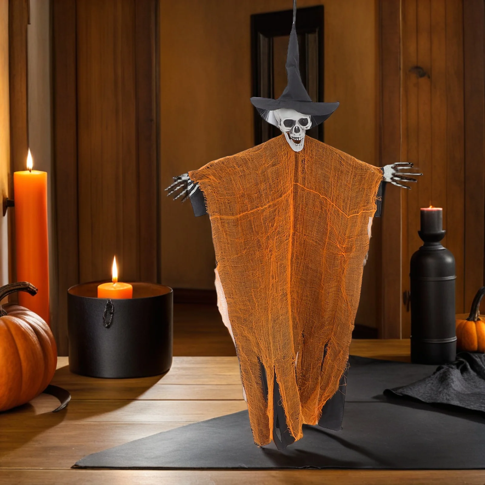 

Halloween Hanging Ghost Decoration for Outdoor Indoor Use with Adjustable Skull Hands, Flowing Robe, Haunted House
