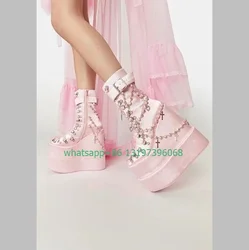 Lady pink peal design chain Mary Janes boots platform Y2K style buckle strap design ankle boots side zip Gothic style boots size