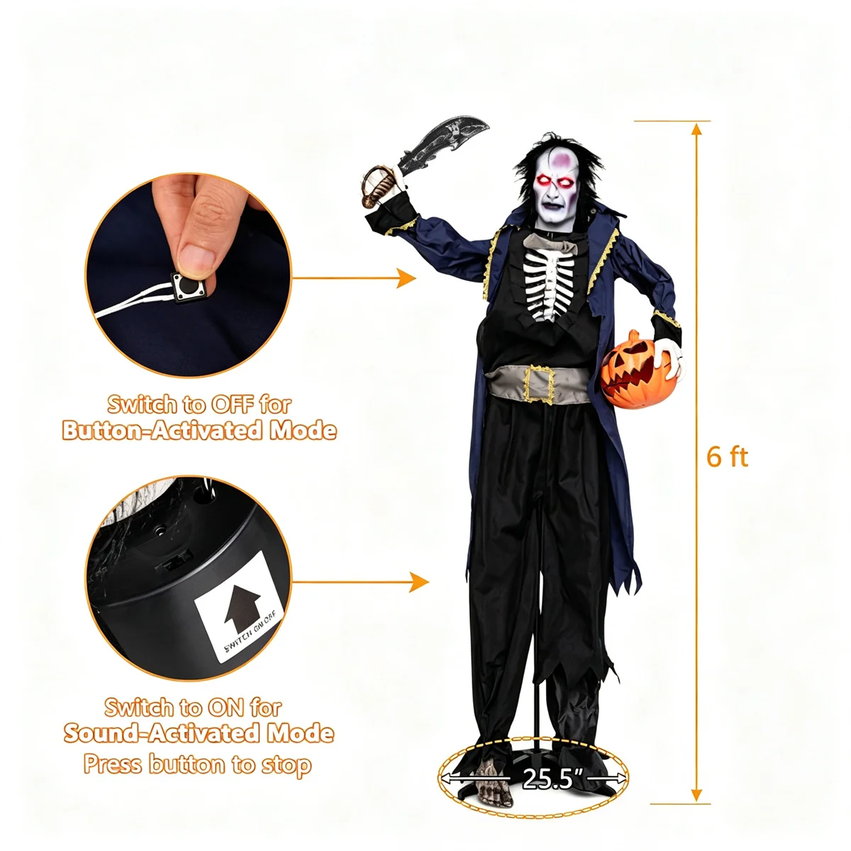 Halloween Animatronic Undead Pirate Captain Decoration, 6FT Life Size with Eerie Sounds Movable Arms for Yard Entryway Party Display