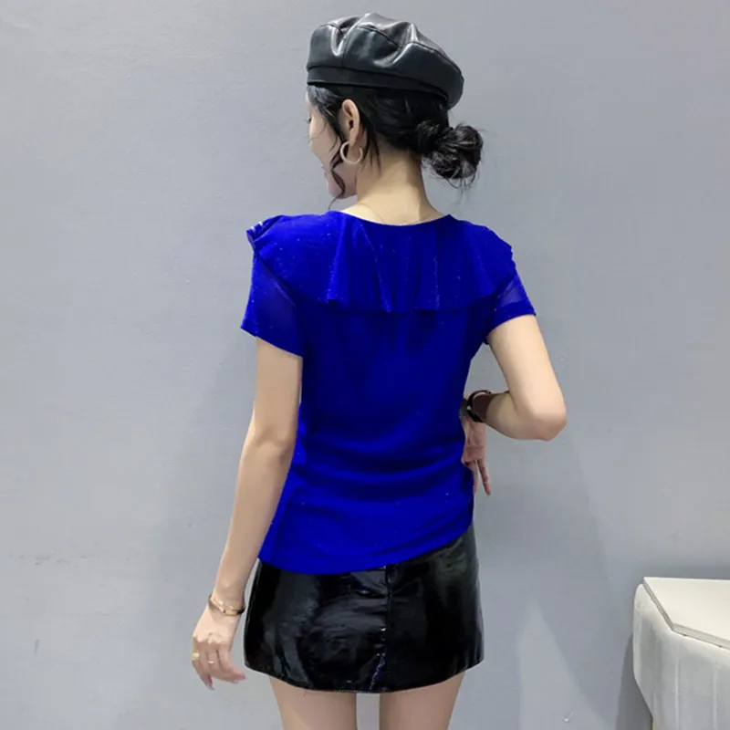 New Sweet Short Sleeved Women's T-Shirt Sexy Hollow Out V-Neck Ruffles Hot Diamond Mesh Tops M-3XL Summer Female Tees Blusas