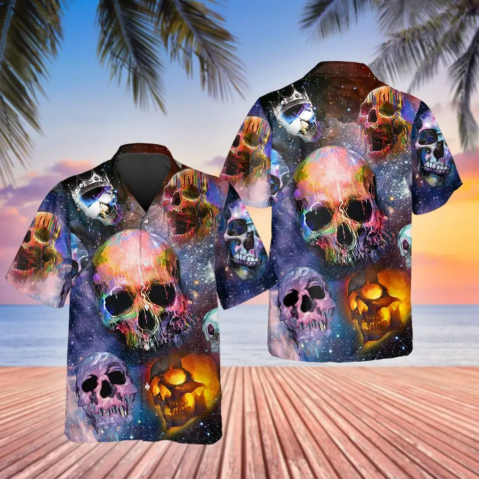 Retro skull print men's shirt summer anime vintage lapel Hawaiian beach shirt men's casual single-breasted short-sleeved top