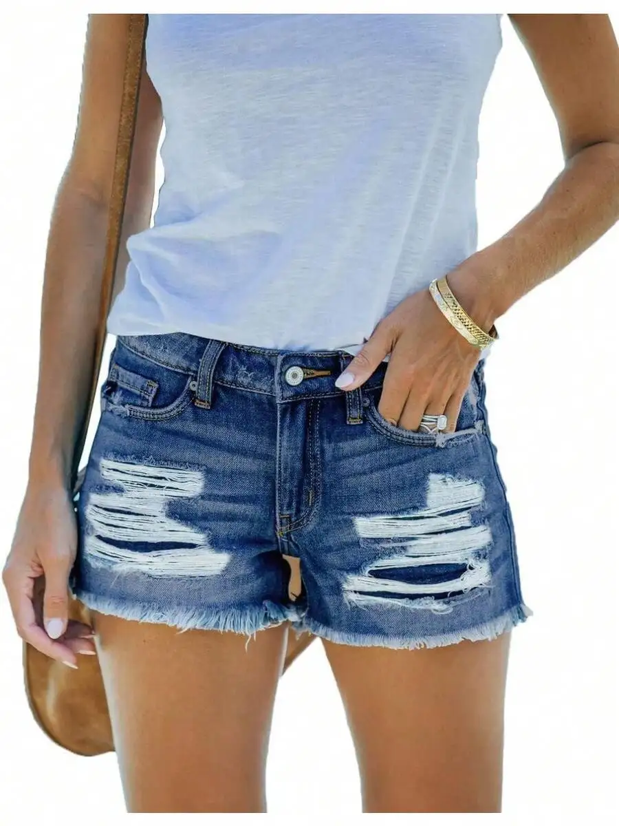 

Women's Mid-Waist Distressed Denim Shorts with Frayed Hem and Stretch
