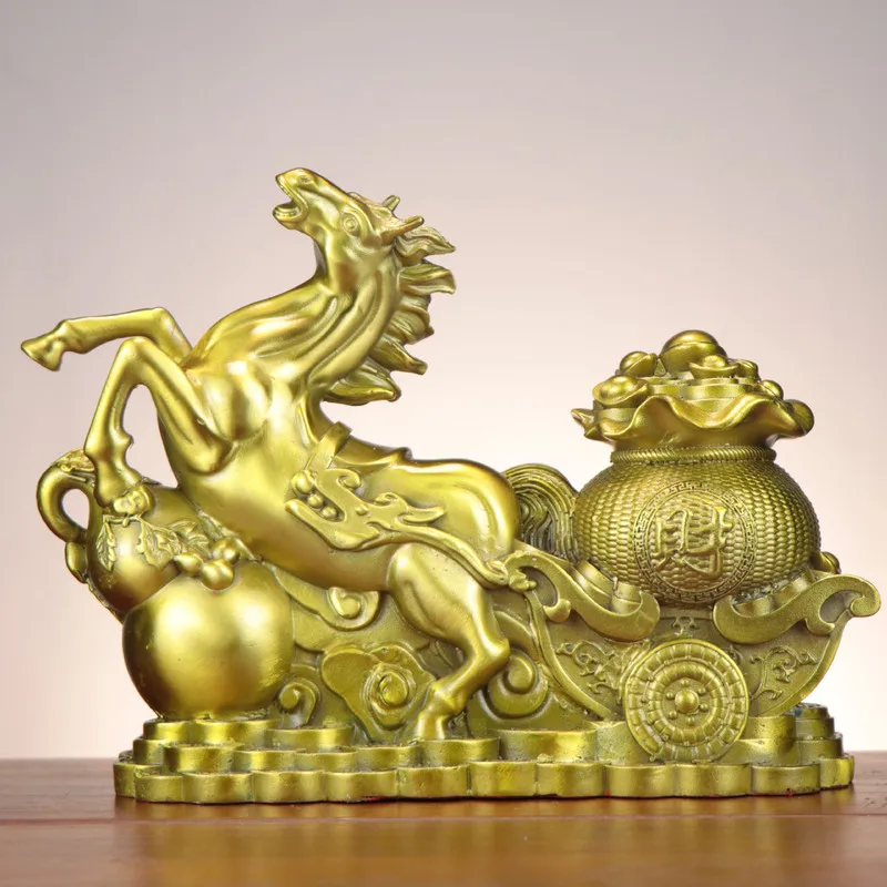 , symbolizing wealth and prosperity; money bag ; -drawn carriage; copper horse figurine for home