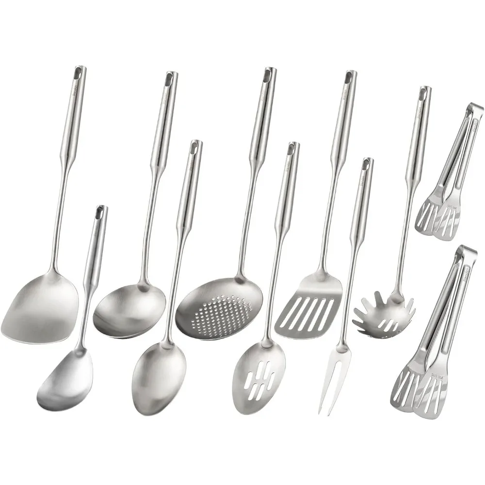 

304 Stainless Steel Kitchen Utensils Set, 11 PCS All Metal Cooking Spoons - 2 Tongs, Fork, Solid Spoon, Slotted Spoon, Spatula