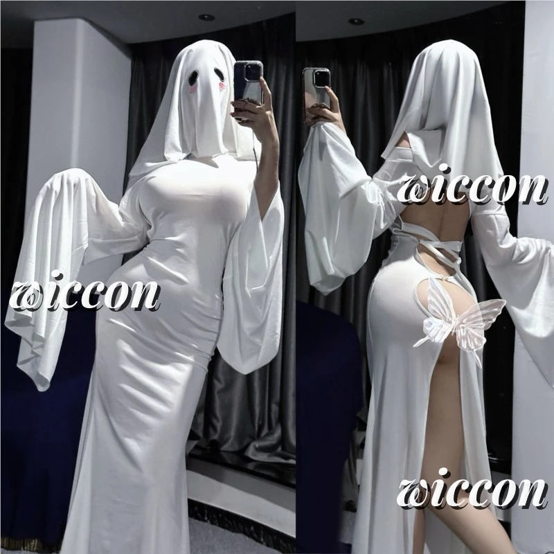 Sexy Cute Female Ghost Cosplay Costume Halloween Scare Face Cape Scream Costume Adult Fancy Dress Halloween Cosplay Costume