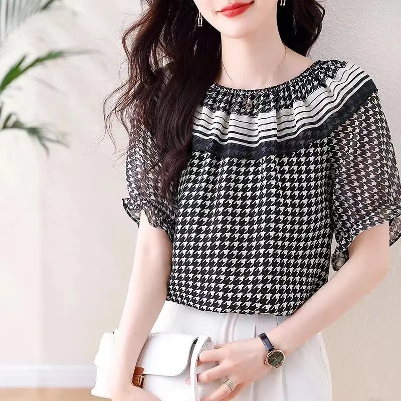 Fashion Slash Neck Ruffles Houndstooth Butterfly Sleeve Blouses Women Clothing 2024 Summer New Loose Casual Tops Commuter Shirts