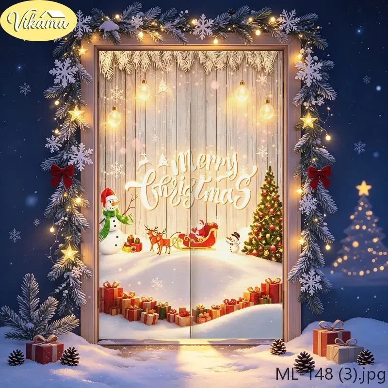 VIKAMA Christmas Polar Bear Santa Snowman Gift Door Curtain Red Background Merry Text Light String Holiday Linen Noren Bedroom