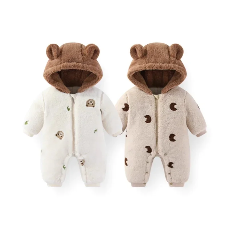 

Baby Girl Clothes Flannel Thickened Warm Onesie 0-24M Infant Boy Bear Ear Hooded Jumpsuit with Cartoon Print Winter Plush Outfit