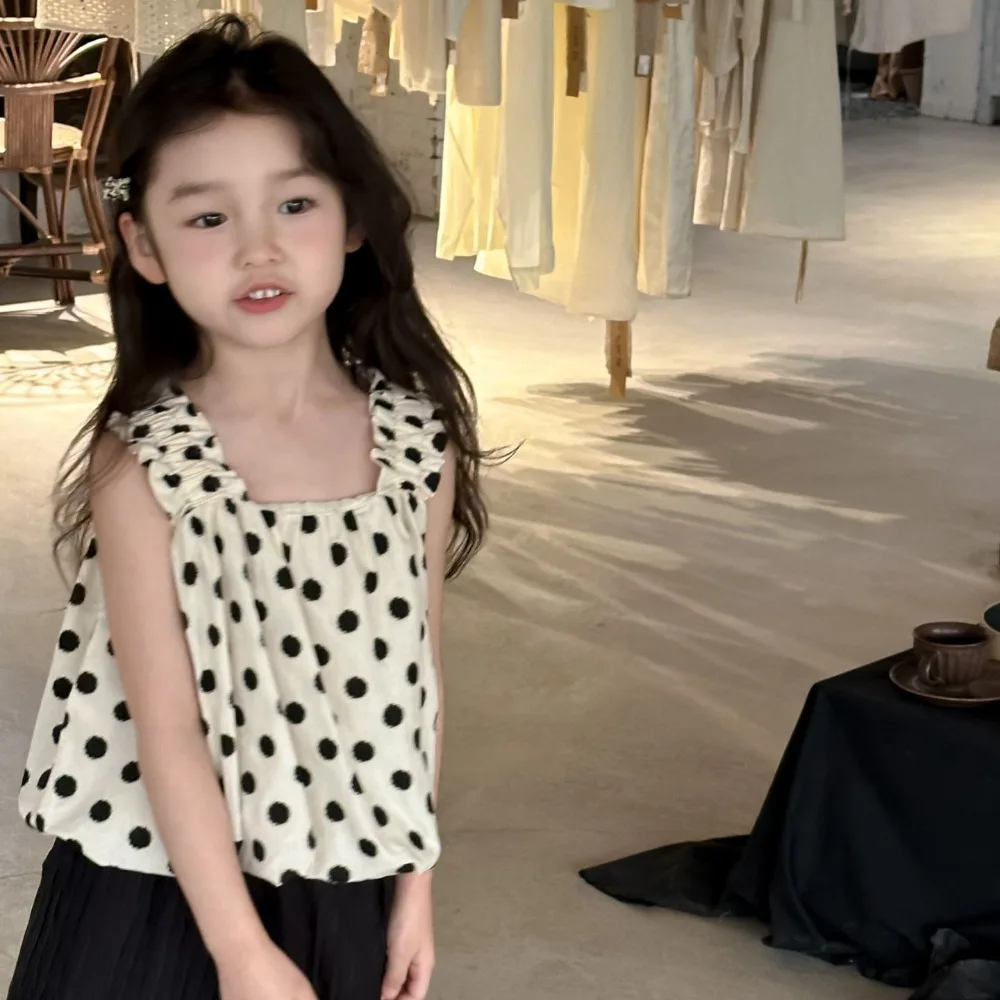 

Girls T Shirt Korea Style 2024 Summer New Polka Dot All Match Sleeveless Tank Top Comfortable Baby Fashion Kids Summer Clothes