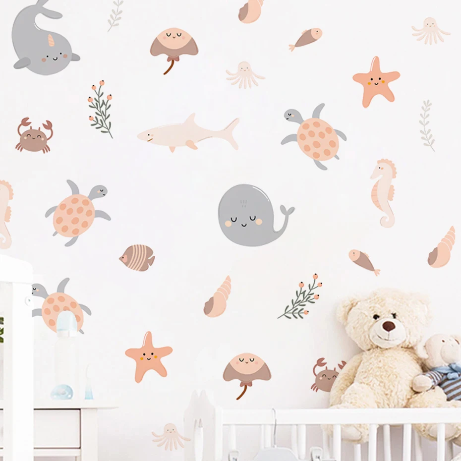 

Cartoon Hand-paint Marine Animal Wall Stickers for Kids Room Decor Baby Nursery Living Room Decoration Ocean Wall Decals Bedroom