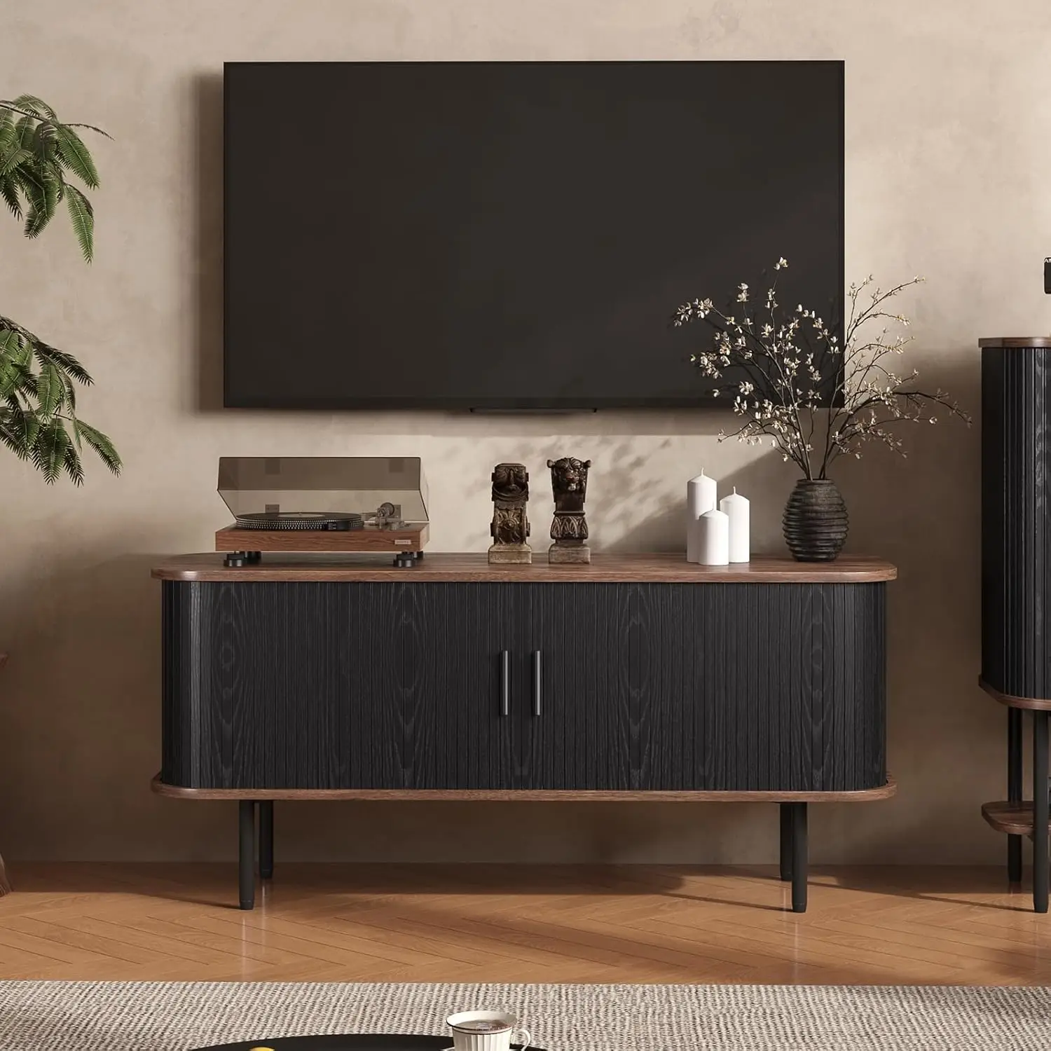 47''W Modern TV Stand Cabinet with Storage for TVs up to 55 Inch, Fluted TV Entertainment Center with Slatted Tambour Do