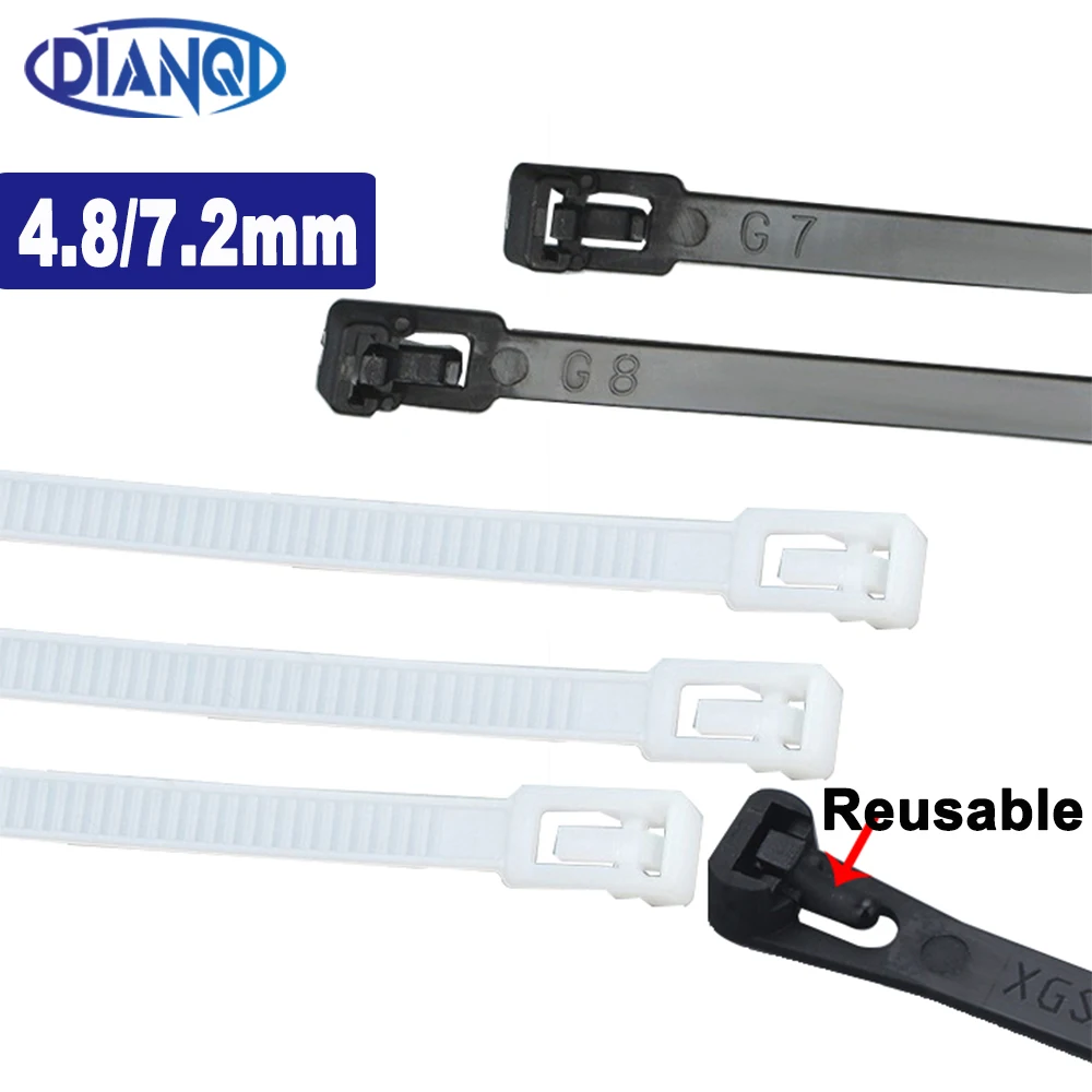 100pcs Plastic Reusable Nylon Tie Black White 4.8*150mm 4.8X200mm 8X150mm 8X200mm 250mm 300mm 450mm 500mm Recycle Cable Tie