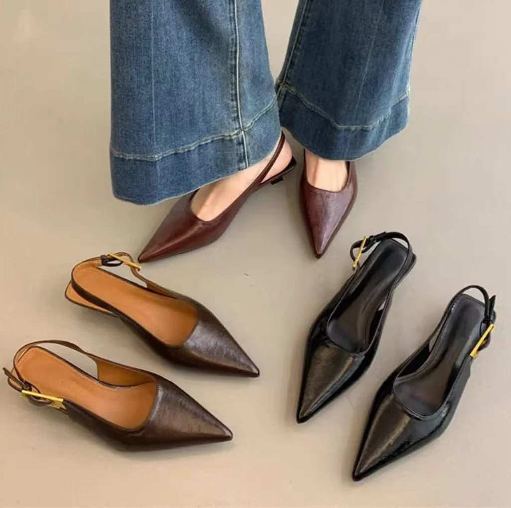 2026 Summer New Women Sandal Fashion Pointed Toe Shallow Slip on Ladies Elegant Slingback Shoes Thin Med Heel Dress Mules Pumps