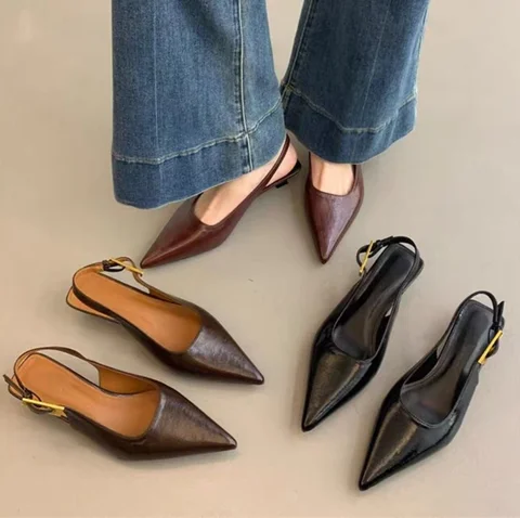 2025 여름 새 여성 샌들 패션 지적 발가락 얕은 슬립 숙녀 우아한 슬링 백 신발 얇은 메드 힐 드레스 뮬 펌프