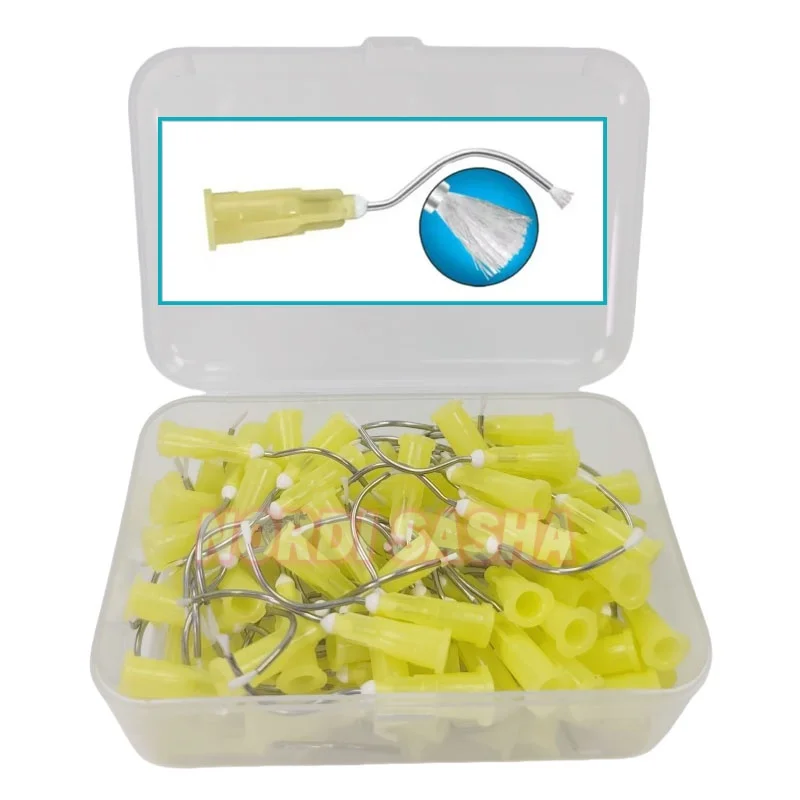 100Pcs/Box Disposable Applicator Pre Bent Needle Delivery With Soft Brush  Dental Metal Infusor Yellow Tip With Brush