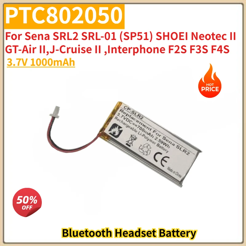 

PTC802050 High Quality Battery 3.7V 1000mAh For Sena SRL2 SRL-01 (SP51) ,SHOEI Neotec II ,GT-Air II ,J-Cruise II Brand New