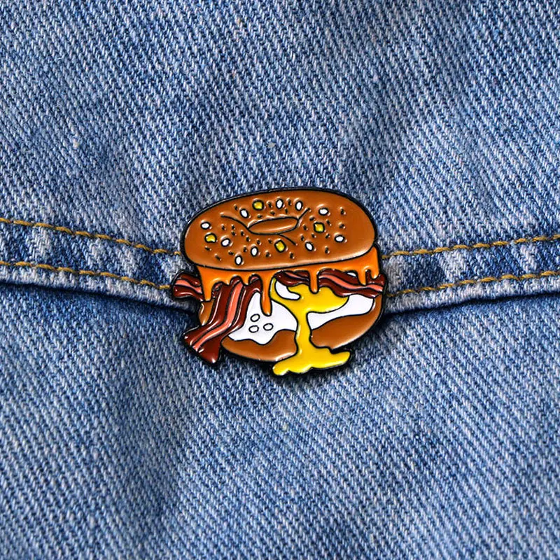 Cartoon Breakfast Bagel Enamel Brooch Runny Egg Bacon Melted Cheese Food Design Metal Lapel Pin Bag Hat Brunch Cute Decor Badge