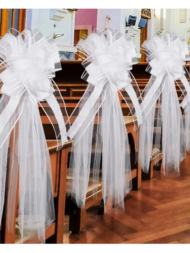 Grand nœud de mariage blanc avec longues queues en Tulle, pour chaise d'allée d'église, décoration de voiture de mariage, fournitures de décoration de fête de Festival, 1/4 pièces