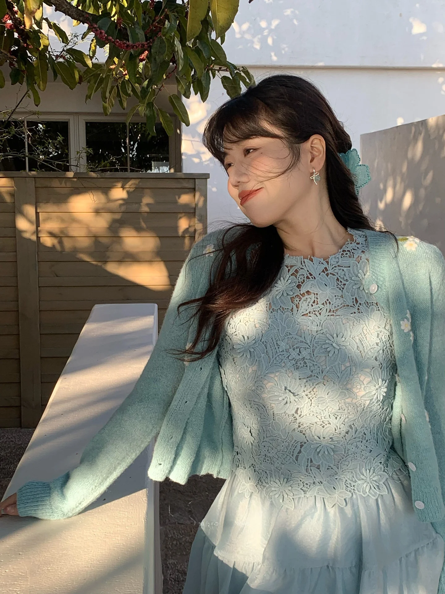 

Warm Casual Women's Sweater Hook Knit Spring Gentle Sle Large Size Comfortable Lake Blue 3D Flower Design Long Sve Cardigan