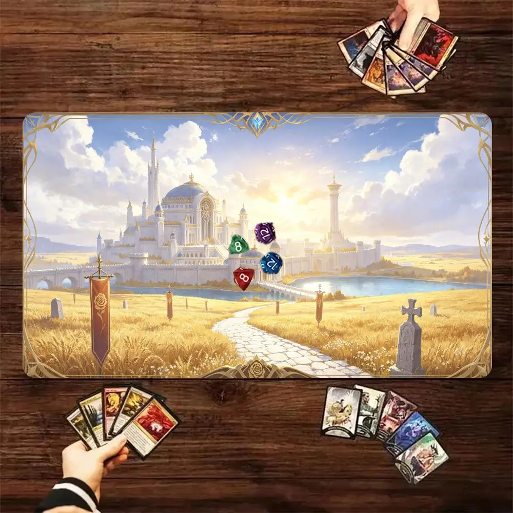 Bright Fantasy Golden Castle Wheat Field Lake TCG Play mat With Game Zones Large Anti‑Slip Desk mat For Card Game Mouse pad