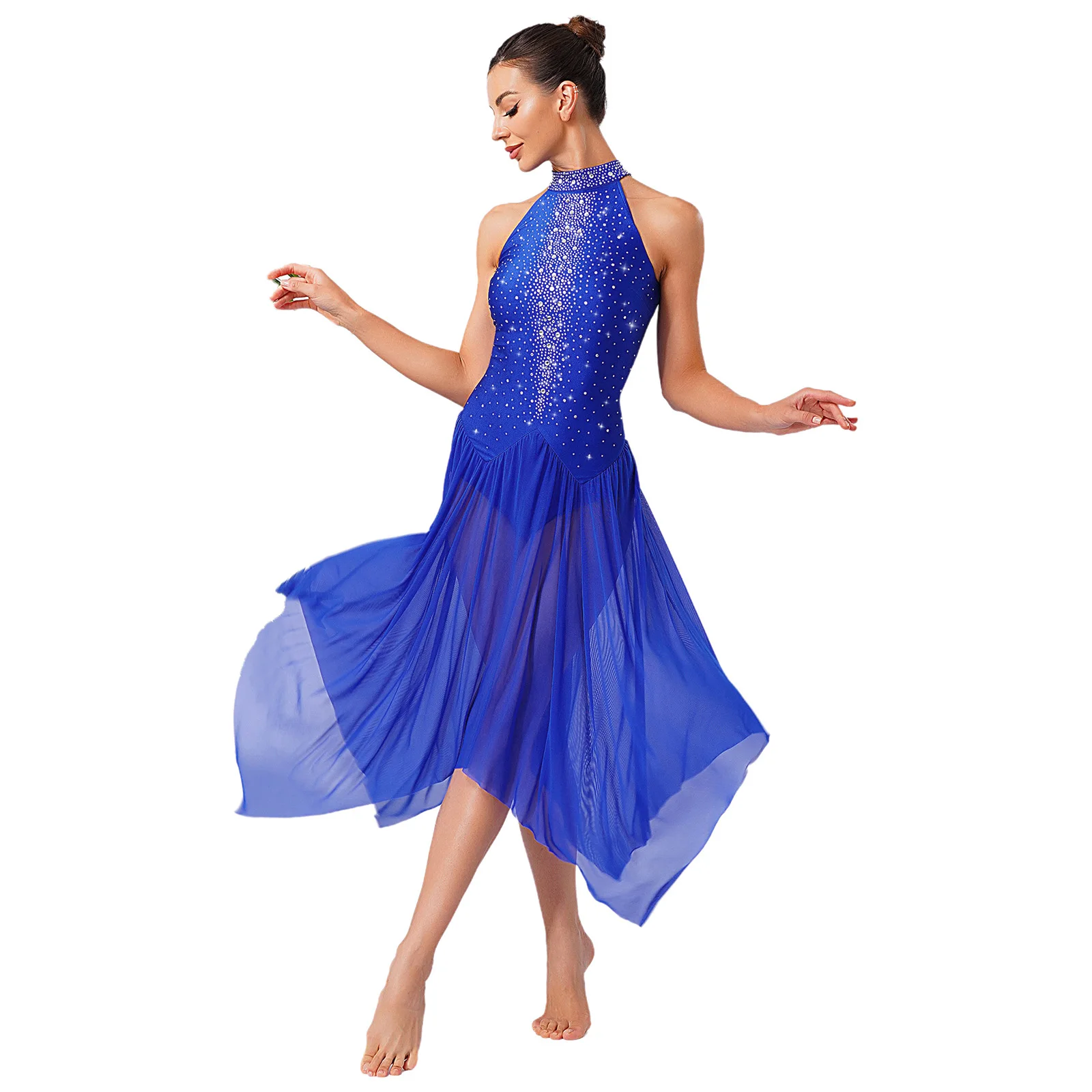 

Women Lyrical Dance Dress Figure Ice Skating Gymnastics Ballet Dancewear Irregular Hem Leotards Dress Stage Performance Costumes