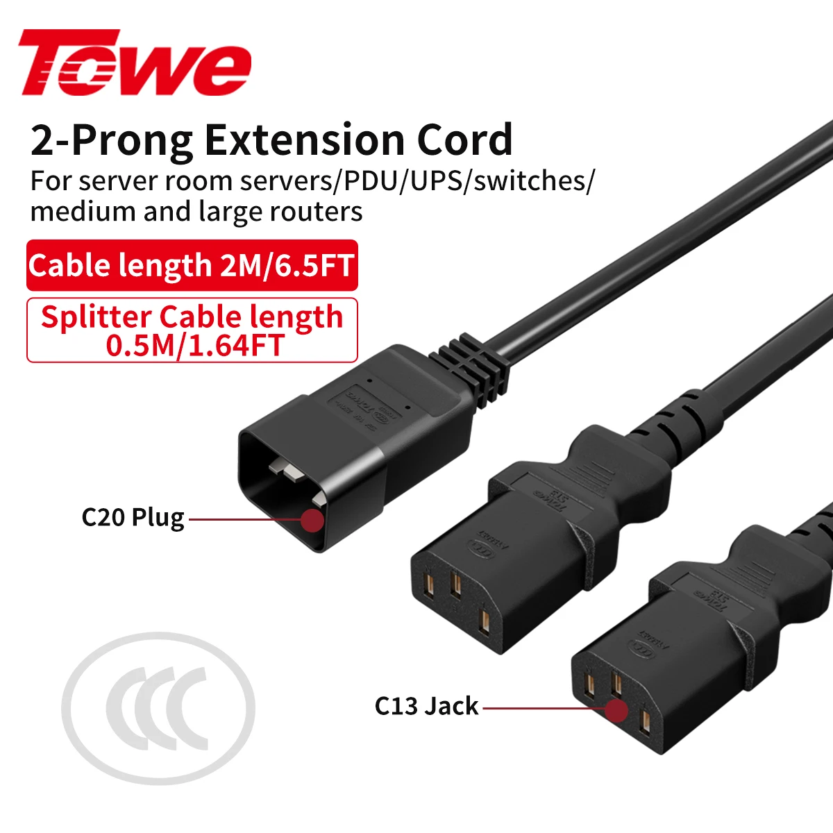 TOWE Heavy Duty IEC 320 C20 to Dual C13 Power Splitter Cable 16A 10AWG 1 to 2 Extension Cord for PDU UPS Server Rack
