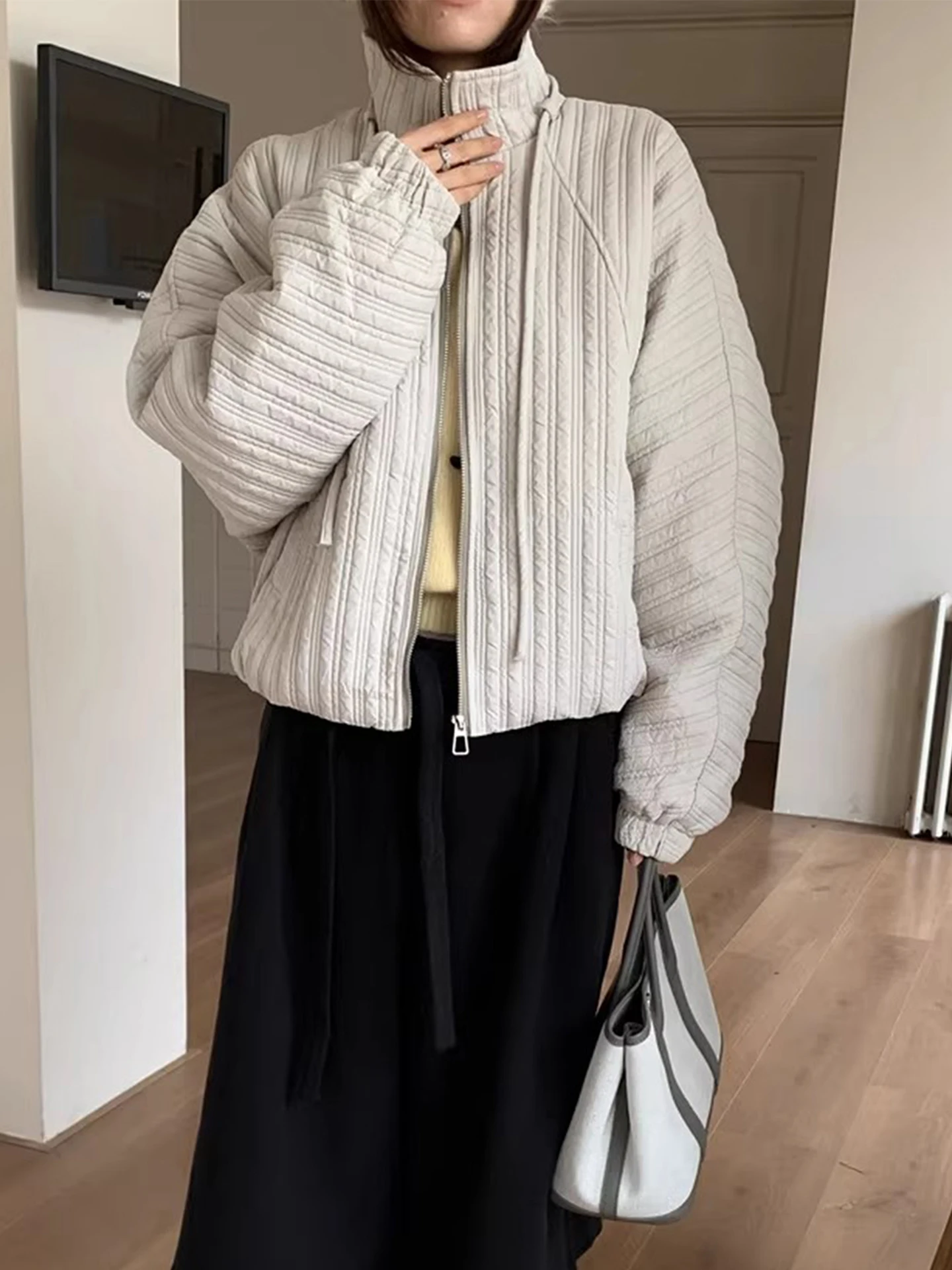 

Women's Cotton Jaet ort Pure Color Stripe Design Winter New Loose Top Zipper Closure Stand Collar Belted Commute Sle