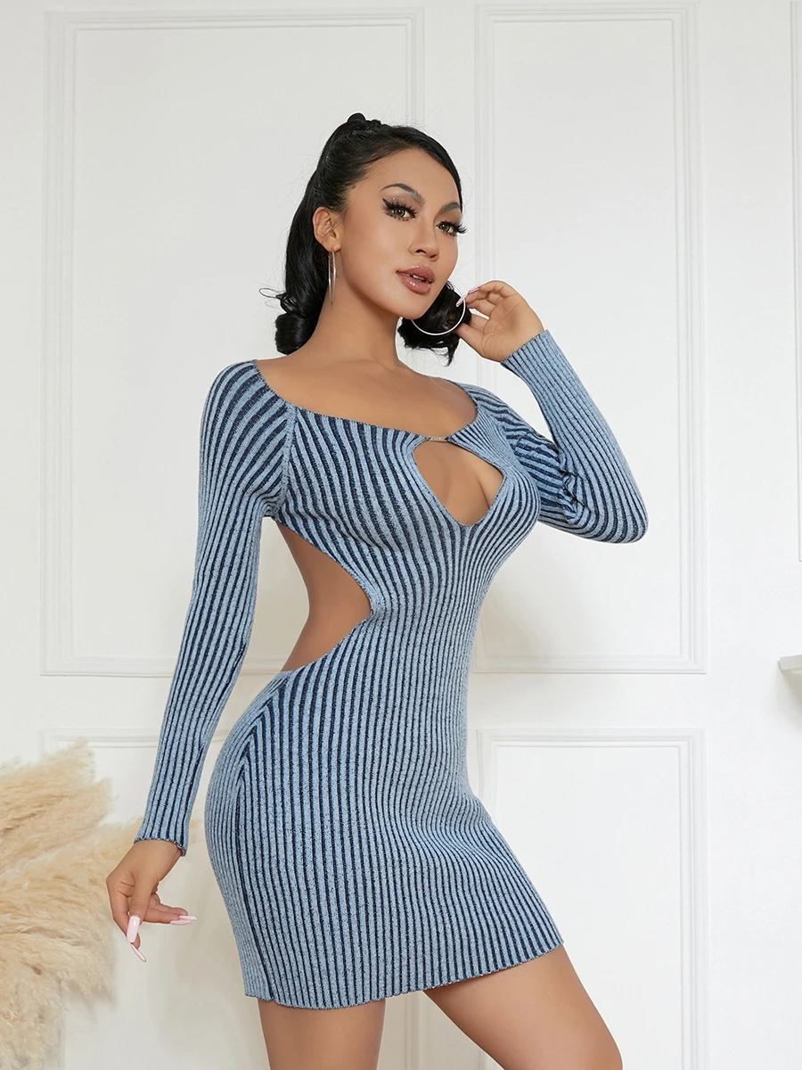 Wsevypo gestreiftes gestricktes figur betontes Mini kleid Damen sexy rücken freie Langarm ausschnitt kurzes Etui kleid Nachtclub Streetwear