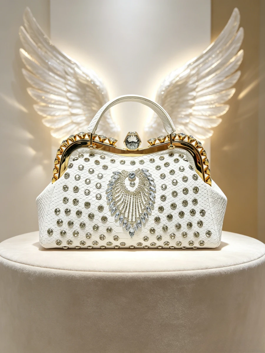 White Crocodile Texture Wing Gemstone Frame Clutch Women Luxury Runway Prom Formal Wedding Cocktail Evening Handbag Tassen Dames