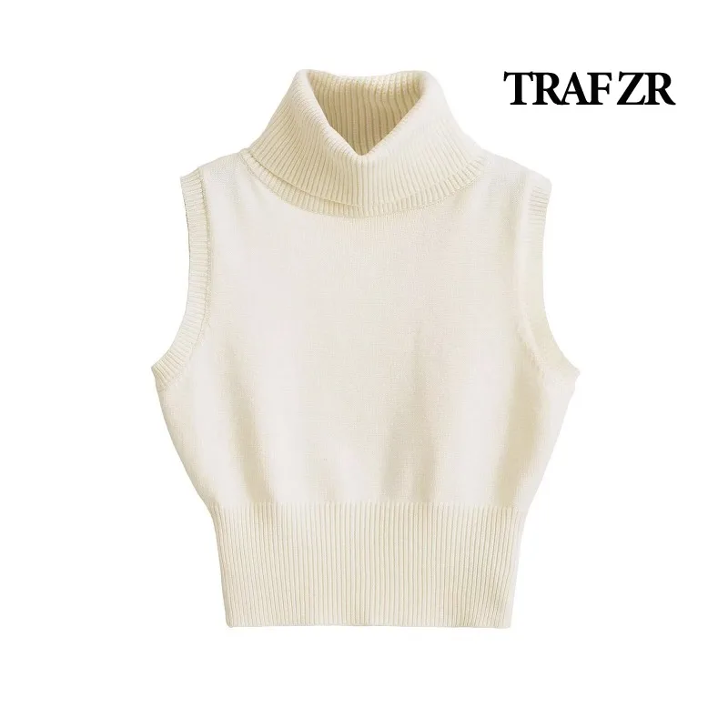 TRAF ZR-Gilet en Tricot à Col Haut pour Femme, Vêtement Classique, Vintage, Solide