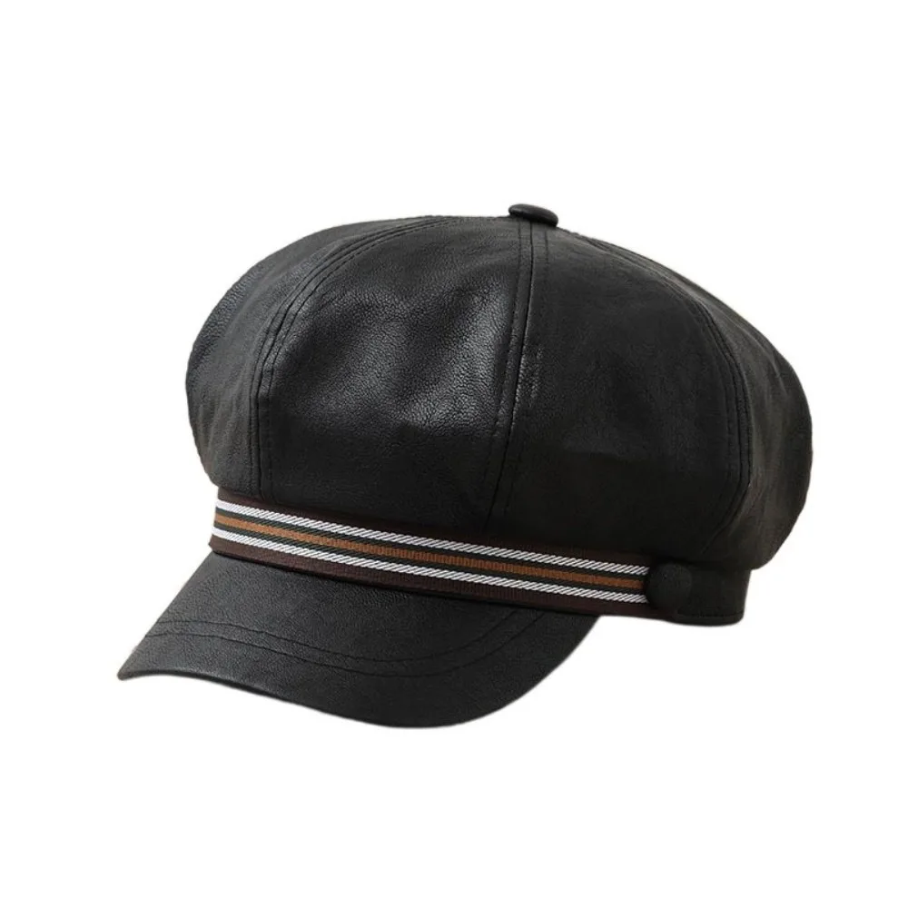 

Personality Stripe Pu Leather Beret Warm Windproof Octagonal Hat Korean Style Flat Painter Hat Travel