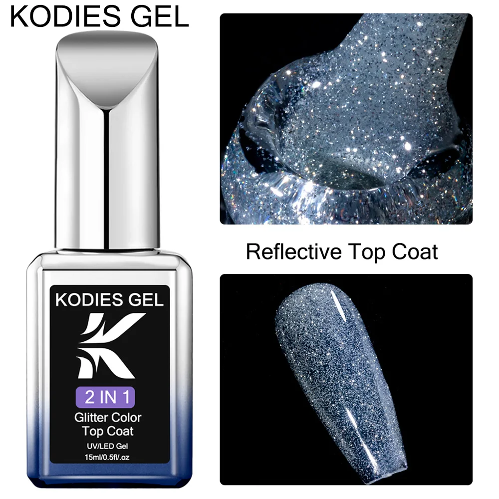 KODIES GEL Reflective Glitter Top Coat Gel Nail Polish Semi Permanent UV Sparkle Gel Top Finish Sealant Super Shine Top Gellak