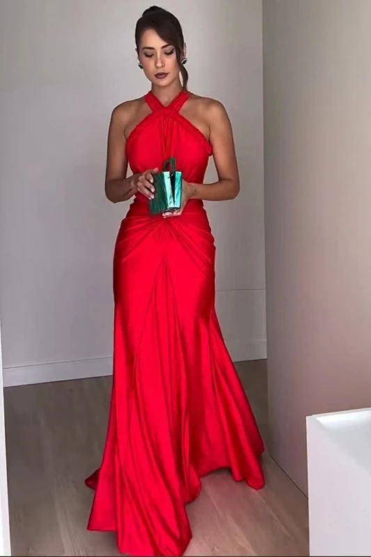 Rosered  Red Color Women Sexy Off the Shoulder Halter Backless Long Mermaid Dress Elegant Evening Party Celebrate Wedding Dress