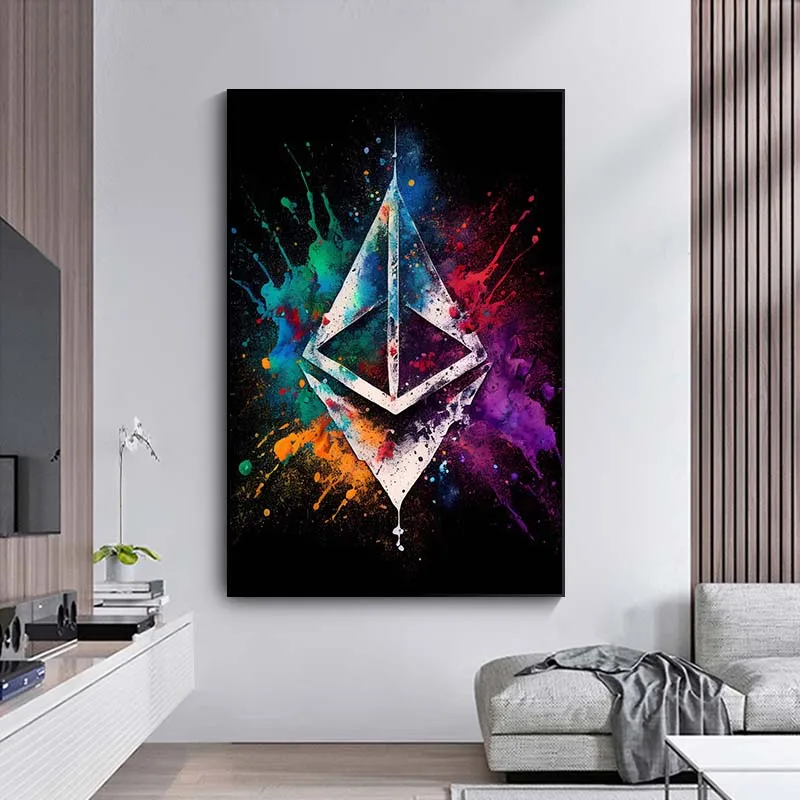 Watercolor Crypto Splatter Bitcoin Ethereum Poster ETH BTC Virtual Coins Canvas Painting Wall Art Picture Office Room Decor