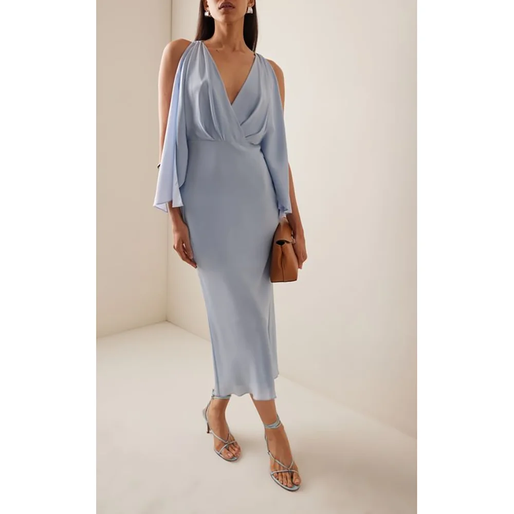 

Elegant Blue Women Prom Dresses V Neck Sleeveless Ankle Length Straight Pretty Formal Occasions Female Party Gowns