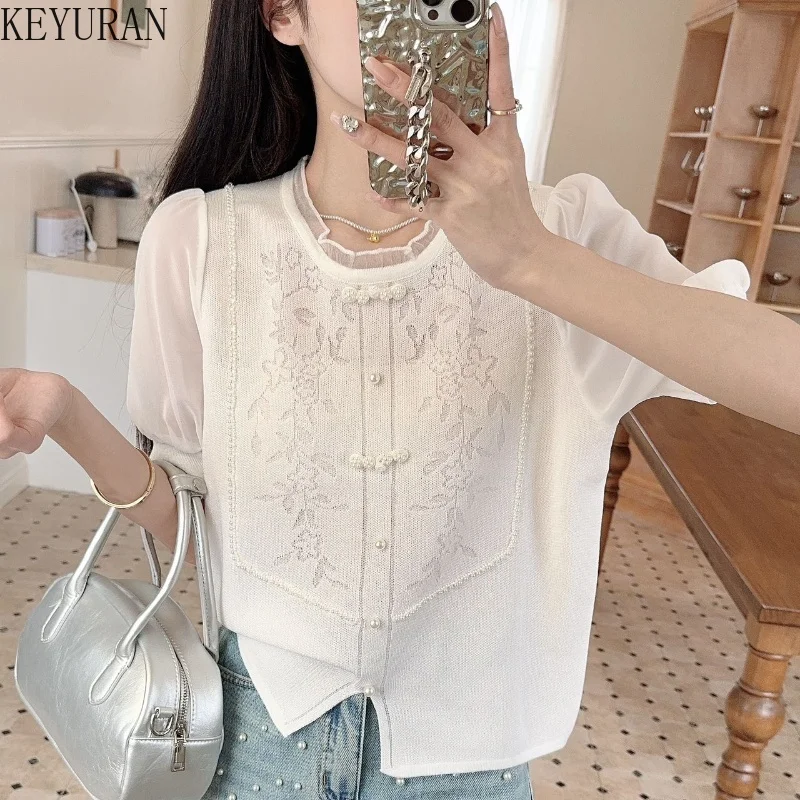

2025 Summer Chinese Style Retro Buckle V-neck Knitted Tshirts for Women New Casual Short Sleeve Thin Ice Silk Knitwear Tops Tees
