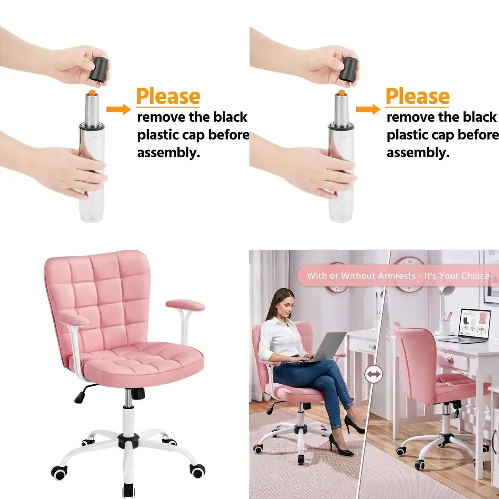 

Contemporary Pink Faux Leather Swivel Chair with Adjustable Tilt and Removable Cushioned Armrests for Home & Office Use