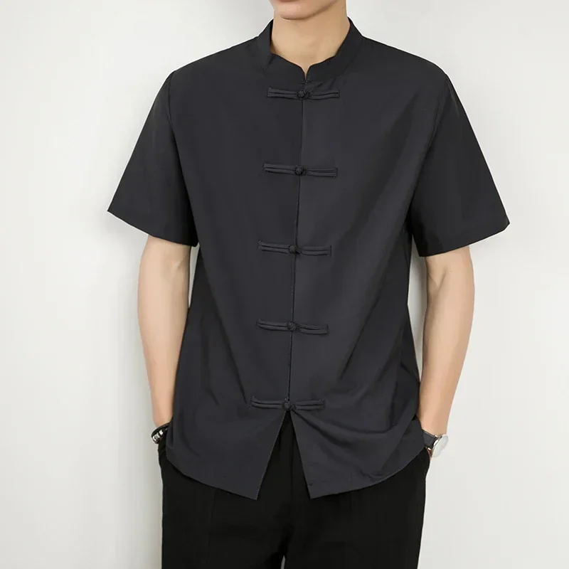 

2025 New Men's Chinese Vintage Shirt Men Mandarin Collar Slim Fit Short Sleeves Silk Shirt White Black Casual Tops