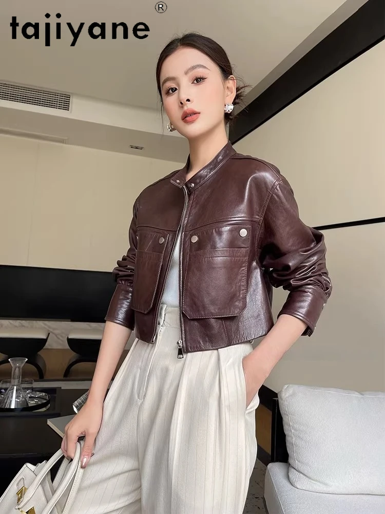 TAJIYANE chaqueta de piel de oveja auténtica para mujer, abrigo corto y elegante para motocicleta, chaquetas de cuero genuino, ropa de otoño 2025 para mujer dубл onderка